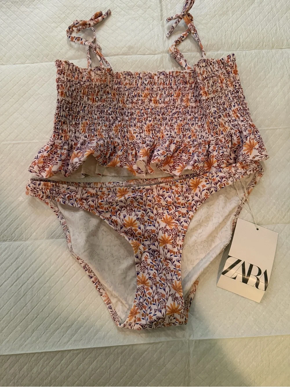 ZARA Floral Smocked Ruffle Bikini Set - White, Yellow & Purple
